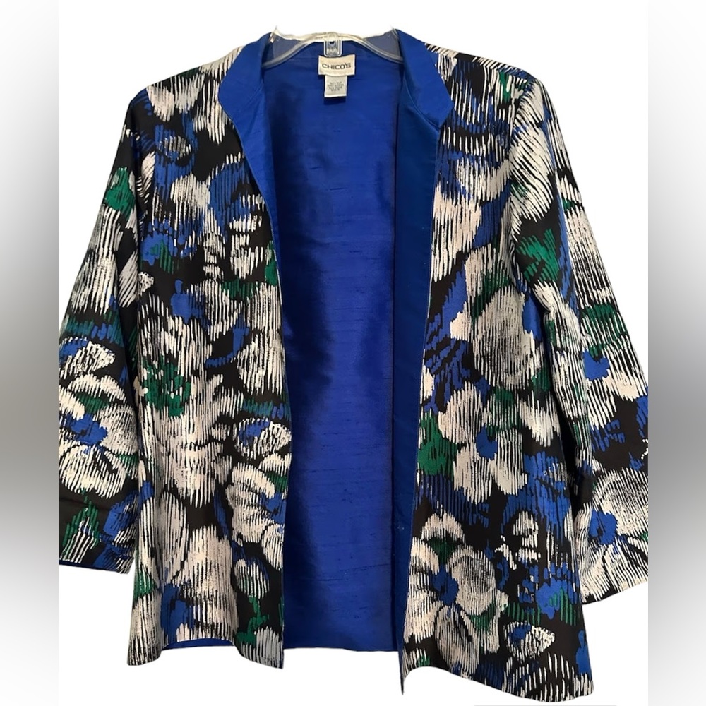 Chico's 2 100% Silk Blue Floral Print Open Front Jacket Raw Silk Lining